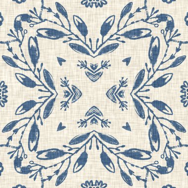 Fransız mavisi Fransız çiçekli kumaş desenli eski püskü ev dekorasyonu. Kırsal çiftlik evi, kır evi, çiçekli keten, pürüzsüz arka plan. Yama işi yorgan efekti motifi fayans