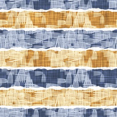 Kusursuz Fransız kırsal mutfak çizgili kumaş deseni. Mavi sarı beyaz yatay çizgili arka plan. Batik Boyası Kaynak Stili Kırsal Örgü Cottagecore Tekstili