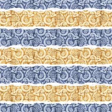 Kusursuz Fransız kırsal mutfak çizgili kumaş deseni. Mavi sarı beyaz yatay çizgili arka plan. Batik Boyası Kaynak Stili Kırsal Örgü Cottagecore Tekstili