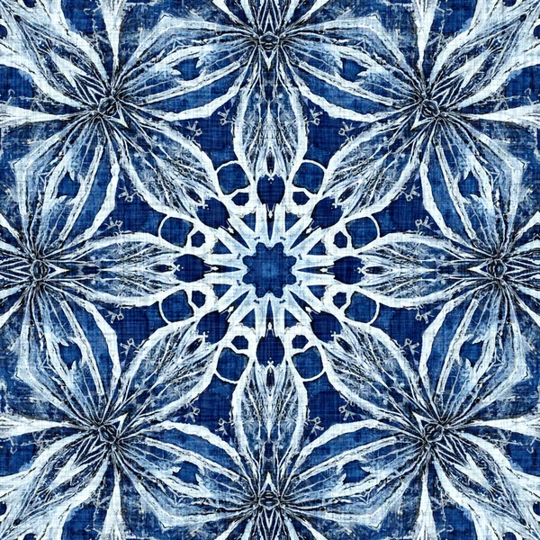 Indigo Blue Snow Flake Pattern Background Frosty Batik Painterly Effect — Stock Photo, Image