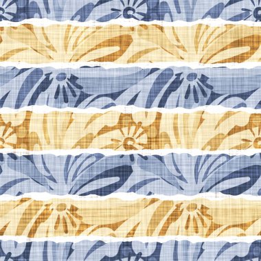 Kusursuz Fransız kırsal mutfak çizgili kumaş deseni. Mavi sarı beyaz yatay çizgili arka plan. Batik Boyası Kaynak Stili Kırsal Örgü Cottagecore Tekstili