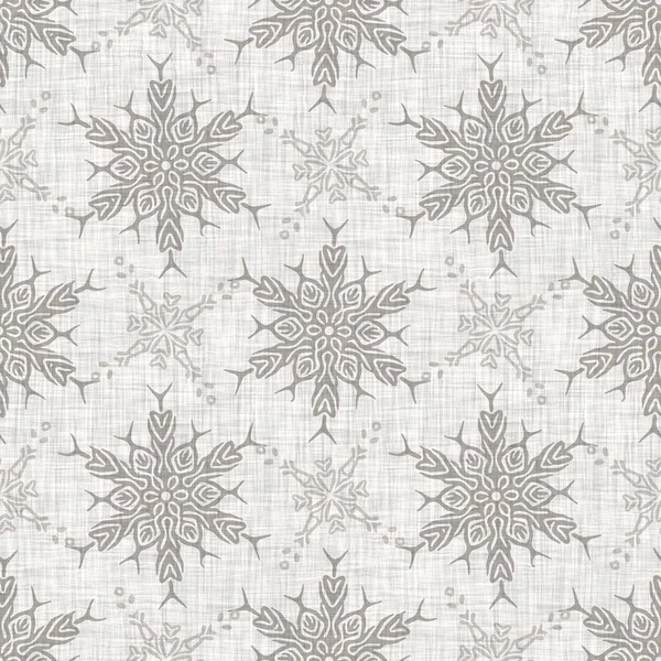 Seamless christmas snowflake woven linen pattern. Two tone seasonal grey farmhouse frost background. Holiday textile for french Xmas snow repeat.
