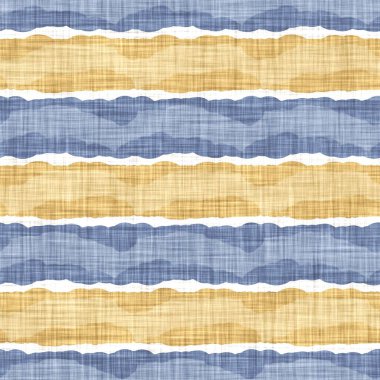 Kusursuz Fransız kırsal mutfak çizgili kumaş deseni. Mavi sarı beyaz yatay çizgili arka plan. Batik Boyası Kaynak Stili Kırsal Örgü Cottagecore Tekstili