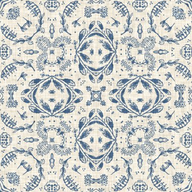 Fransız mavisi Fransız çiçekli kumaş desenli eski püskü ev dekorasyonu. Kırsal çiftlik evi, kır evi, çiçekli keten, pürüzsüz arka plan. Yama işi yorgan efekti motifi fayans