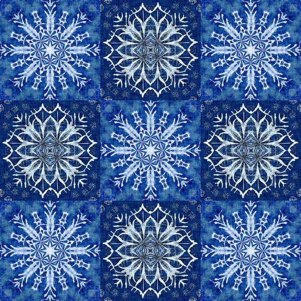Indigo Blue Snow Flake Patchwork Pattern Background Frosty Painterly Effect — Stock Photo, Image