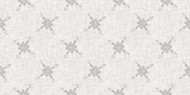 Kusursuz Noel kar taneleri örülmüş keten kenar. İki ton mevsimlik gri çiftlik evi donması. Fransız Xmas kar haçı bandı için tatil tekstili