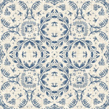 Fransız mavisi Fransız çiçekli kumaş desenli eski püskü ev dekorasyonu. Kırsal çiftlik evi, kır evi, çiçekli keten, pürüzsüz arka plan. Yama işi yorgan efekti motifi fayans