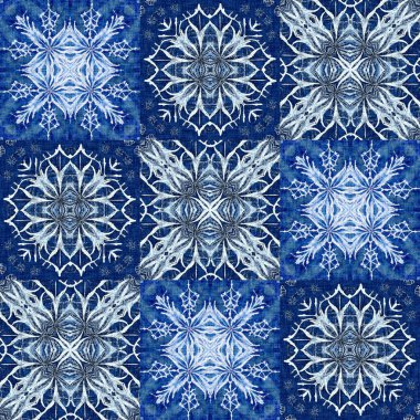 Çivit mavisi kar tanecikli yama kalıbı. Frosty boyama efekti kusursuz arkaplan. Şenlikli soğuk tatil sezonu duvar kâğıdı döşemesi