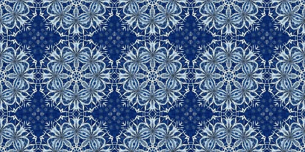 Indigo Blue Snow Flake Border Batik Frosty Batik Painterly Effect — Stockfoto