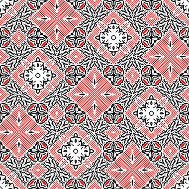 Kırmızı siyah, pürüzsüz arabesk mozaik bandana deseni. Modern maskülen kolye geometrik eşarp baskısı, soyut grafik moda ve duvar kağıdı seramikleri