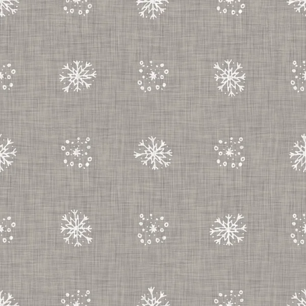 Seamless christmas snowflake woven linen pattern. Two tone seasonal grey farmhouse frost background. Holiday textile for french Xmas snow repeat.