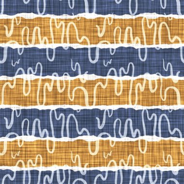 Kusursuz Fransız kırsal mutfak çizgili kumaş deseni. Mavi sarı beyaz yatay çizgili arka plan. Batik Boyası Kaynak Stili Kırsal Örgü Cottagecore Tekstili