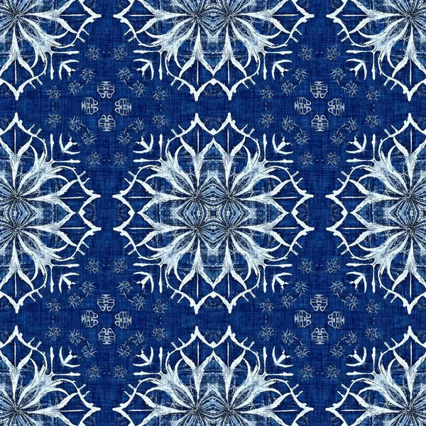 Indigo Blue Snow Flake Damask Pattern Background Frosty Painterly Effect — 图库照片