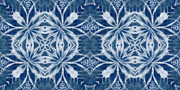 Indigo Blue Snow Flake Border Background Frosty Batik Painterly Effect — Stockfoto