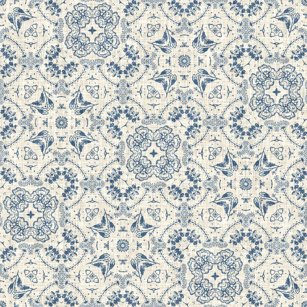 French blue floral french printed fabric pattern for shabby chic home decor style. Rustic farm house country cottage flower linen seamless background. Patchwork quilt effect motif tile