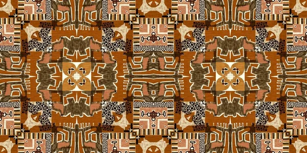 Brown safari animal print patchwork seamless border pattern. Natural quilt clash damask style in brown printed fabric ribbon trim. Modern tribal abstract. Africa inspired edging background