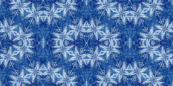 Indigo Blue Snow Flake Border Background Frosty Batik Painterly Effect — Stok fotoğraf