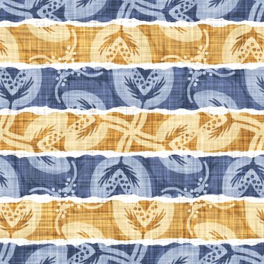 Kusursuz Fransız kırsal mutfak çizgili kumaş deseni. Mavi sarı beyaz yatay çizgili arka plan. Batik Boyası Kaynak Stili Kırsal Örgü Cottagecore Tekstili