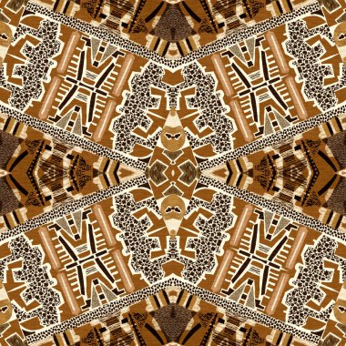 Kahverengi safari hayvan desenli yama kusursuz desen. Kahverengi kumaş efektli doğal yorgan ve damask stili. Modern kabile soyutlaması. Afrika 'dan esinlenerek