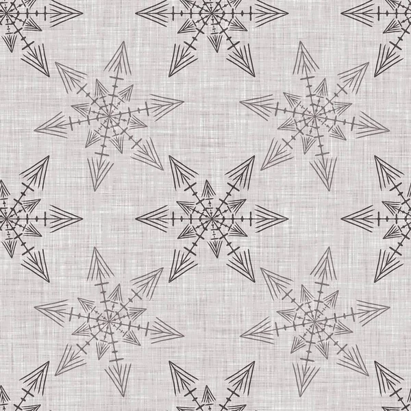 Seamless christmas snowflake woven linen pattern. Two tone seasonal brown farmhouse frost background. Holiday textile for french Xmas snow repeat