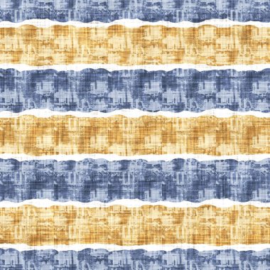 Kusursuz Fransız kırsal mutfak çizgili kumaş deseni. Mavi sarı beyaz yatay çizgili arka plan. Batik Boyası Kaynak Stili Kırsal Örgü Cottagecore Tekstili