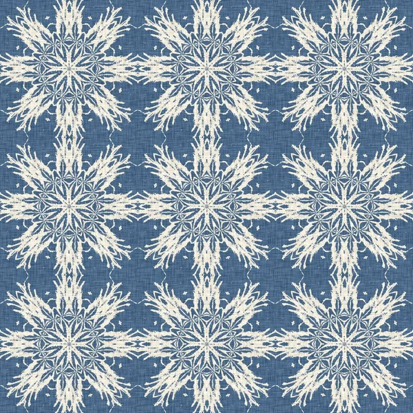 Farmhouse blue snow flake pattern background. Frosty batik damask french effect seamless backdrop. Festive cold holiday season wall paper tile