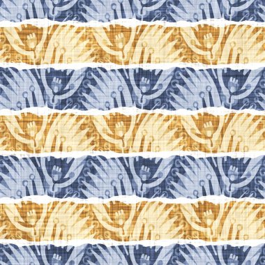 Kusursuz Fransız kırsal mutfak çizgili kumaş deseni. Mavi sarı beyaz yatay çizgili arka plan. Batik Boyası Kaynak Stili Kırsal Örgü Cottagecore Tekstili