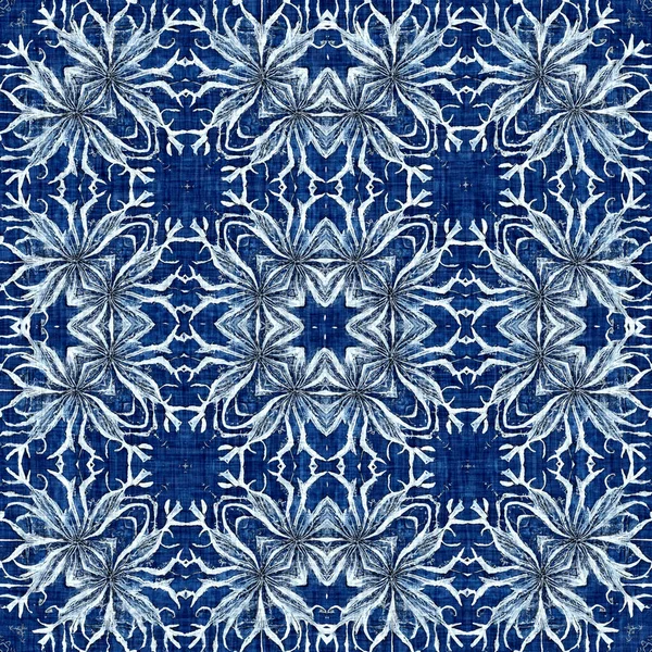 Индиго Синий Снежинка Рисунок Картины Художественный Эффект Ледяного Батика Бесшовный — стоковое фото