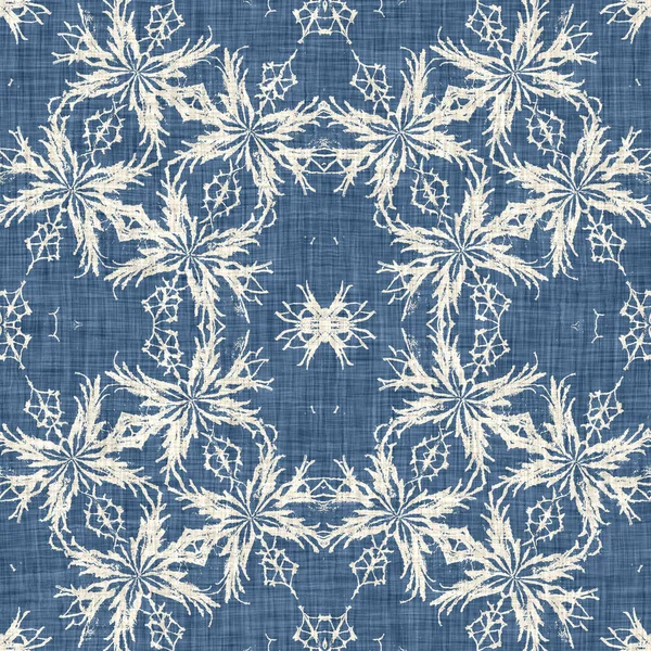 Farmhouse blue snow flake pattern background. Frosty batik french effect seamless backdrop. Festive cold holiday season wall paper tile