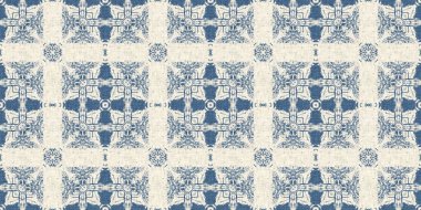 Eski püskü ev dekorasyonu için Fransız mavisi yorgan desenli kumaş kenar deseni. Kırsal çiftlik evi kır evi çiçekli keten sonsuz bant. Yamalı yorgan efekti kurdele kenarı