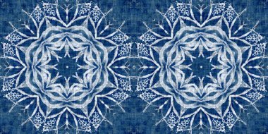 Indigo blue snow flake border background. Frosty batik painterly effect seamless edging. Festive cold holiday season ribbon. 