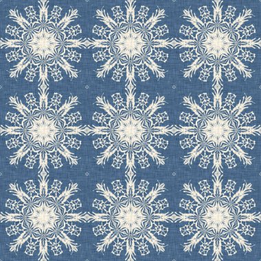 Çiftlik evi mavi kar tanesi desenli arka plan. Frosty batik damasch fransız efekti kusursuz arkaplan. Şenlikli soğuk tatil sezonu duvar kâğıdı döşemesi