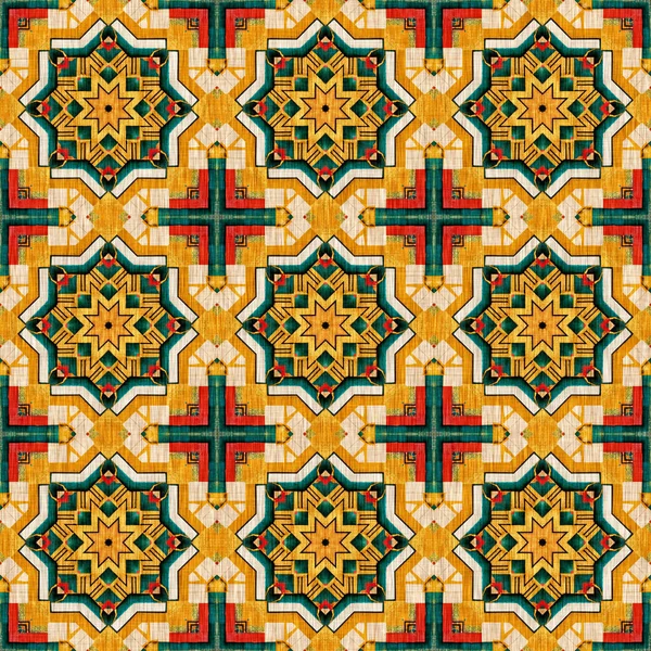 Traditional Tile Mosaic Seamless Pattern Print Fabric Effect Mexican Patchwork — 图库照片