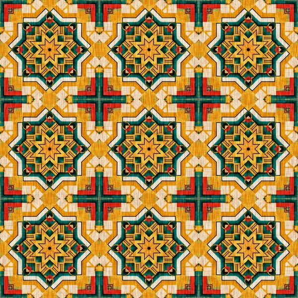 Traditional Tile Mosaic Seamless Pattern Print Fabric Effect Mexican Patchwork — Φωτογραφία Αρχείου