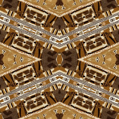 Kahverengi safari hayvan desenli yama kusursuz desen. Kahverengi kumaş efektli doğal yorgan ve damask stili. Modern kabile soyutlaması. Afrika 'dan esinlenerek