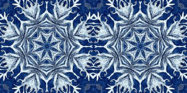 İndigo mavisi kar taneleri sınır arkaplanı. Frosty batik boyama efekti pürüzsüz kenar. Soğuk bayram şenliği kurdelesi. 