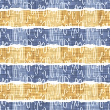 Kusursuz Fransız kırsal mutfak çizgili kumaş deseni. Mavi sarı beyaz yatay çizgili arka plan. Batik Boyası Kaynak Stili Kırsal Örgü Cottagecore Tekstili