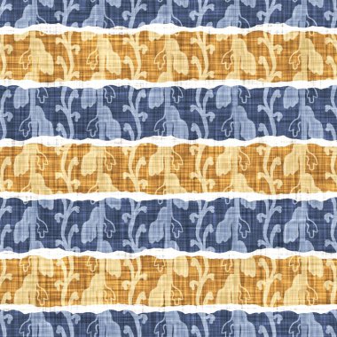 Kusursuz Fransız kırsal mutfak çizgili kumaş deseni. Mavi sarı beyaz yatay çizgili arka plan. Batik Boyası Kaynak Stili Kırsal Örgü Cottagecore Tekstili