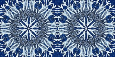 İndigo mavisi kar taneleri sınır arkaplanı. Frosty batik boyama efekti pürüzsüz kenar. Soğuk bayram şenliği kurdelesi. 