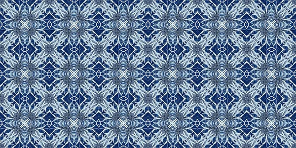 Indigo Blue Snow Flake Border Patchwork Frosty Batik Painterly Effect — стоковое фото