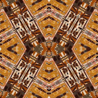 Kahverengi safari hayvan desenli yama kusursuz desen. Kahverengi kumaş efektli doğal yorgan ve damask stili. Modern kabile soyutlaması. Afrika 'dan esinlenerek