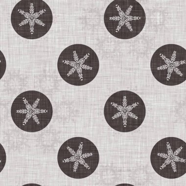 Seamless christmas snowflake woven linen pattern. Two tone seasonal brown farmhouse frost background. Holiday textile for french Xmas snow repeat