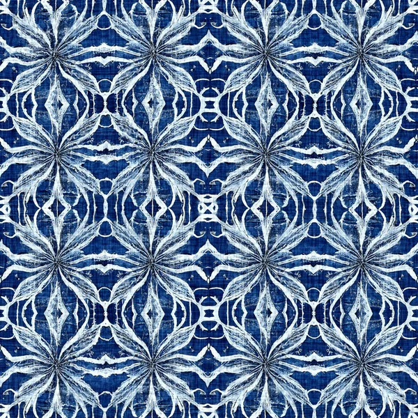 Indigo Blue Snow Flake Pattern Background Frosty Batik Painterly Effect — Zdjęcie stockowe