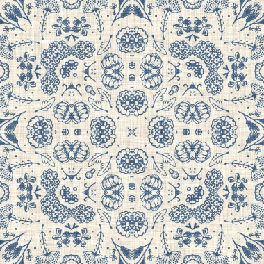 Fransız mavisi Fransız çiçekli kumaş desenli eski püskü ev dekorasyonu. Kırsal çiftlik evi, kır evi, çiçekli keten, pürüzsüz arka plan. Yama işi yorgan efekti motifi fayans