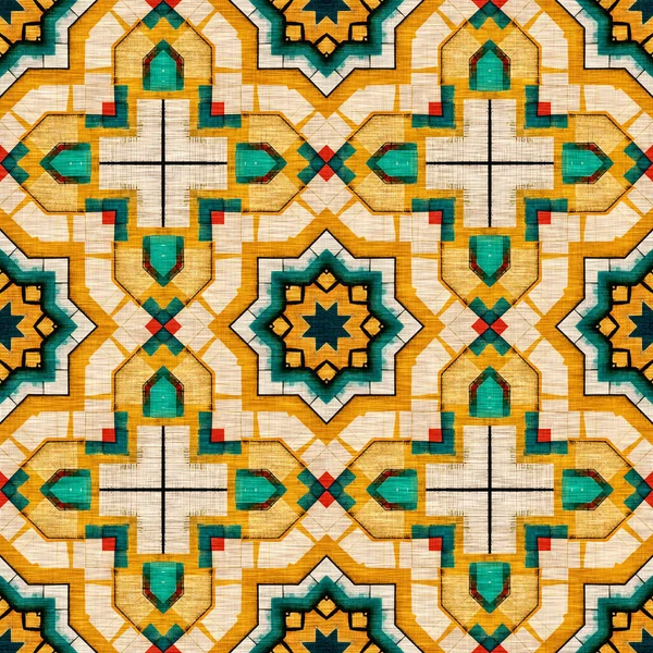 Traditional Tile Mosaic Seamless Pattern Print Fabric Effect Mexican Patchwork — Zdjęcie stockowe