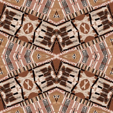 Kahverengi safari hayvan desenli yama kusursuz desen. Kahverengi kumaş efektli doğal yorgan ve damask stili. Modern kabile soyutlaması. Afrika 'dan esinlenerek
