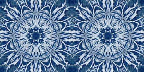 Indigo Blue Snow Flake Border Background Frosty Batik Painterly Effect — 图库照片