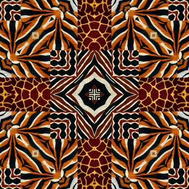 African kente cloth patchwork effect pattern. Seamless geometric quilt fabric all over background. Patched boho rug safari shirt repetitive tile swatch