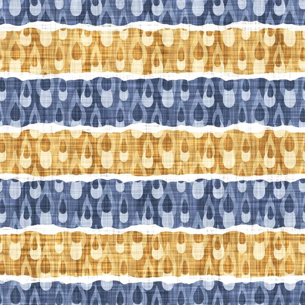 Kusursuz Fransız kırsal mutfak çizgili kumaş deseni. Mavi sarı beyaz yatay çizgili arka plan. Batik Boyası Kaynak Stili Kırsal Örgü Cottagecore Tekstili