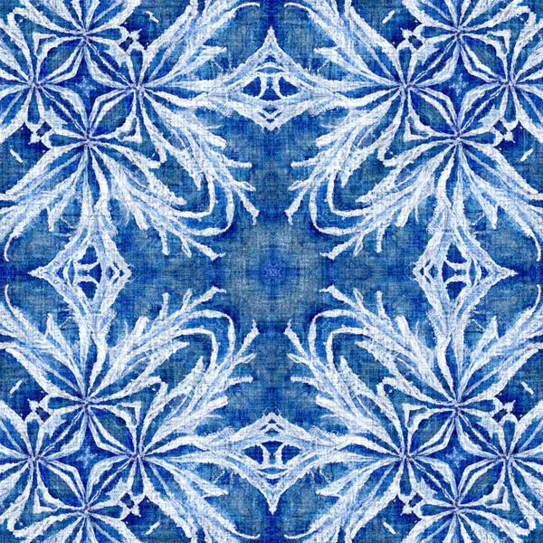 Indigo Blue Snow Flake Pattern Background Frosty Batik Painterly Effect — Stok fotoğraf